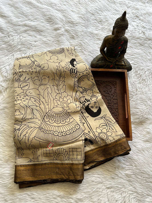 Pen Kalamkari Saree Beige colored complemented with a Chocolate Colored Gold Zari border - Sampradaya Designer Studio