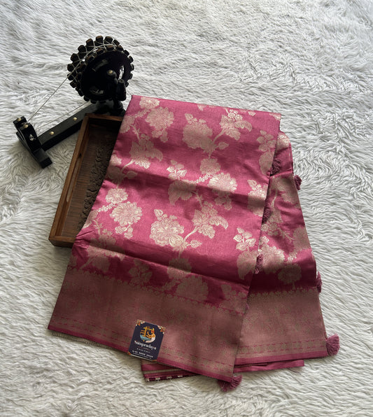 Semi Raw Silk Saree Rouge Colored Complemented with a Zari Border. - Sampradaya Designer Studio