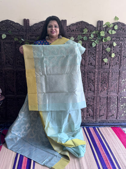 Sea Green Color Chanderi Silk Saree With Gold Zari Border — Pure Handloom | Silk Mark Certified