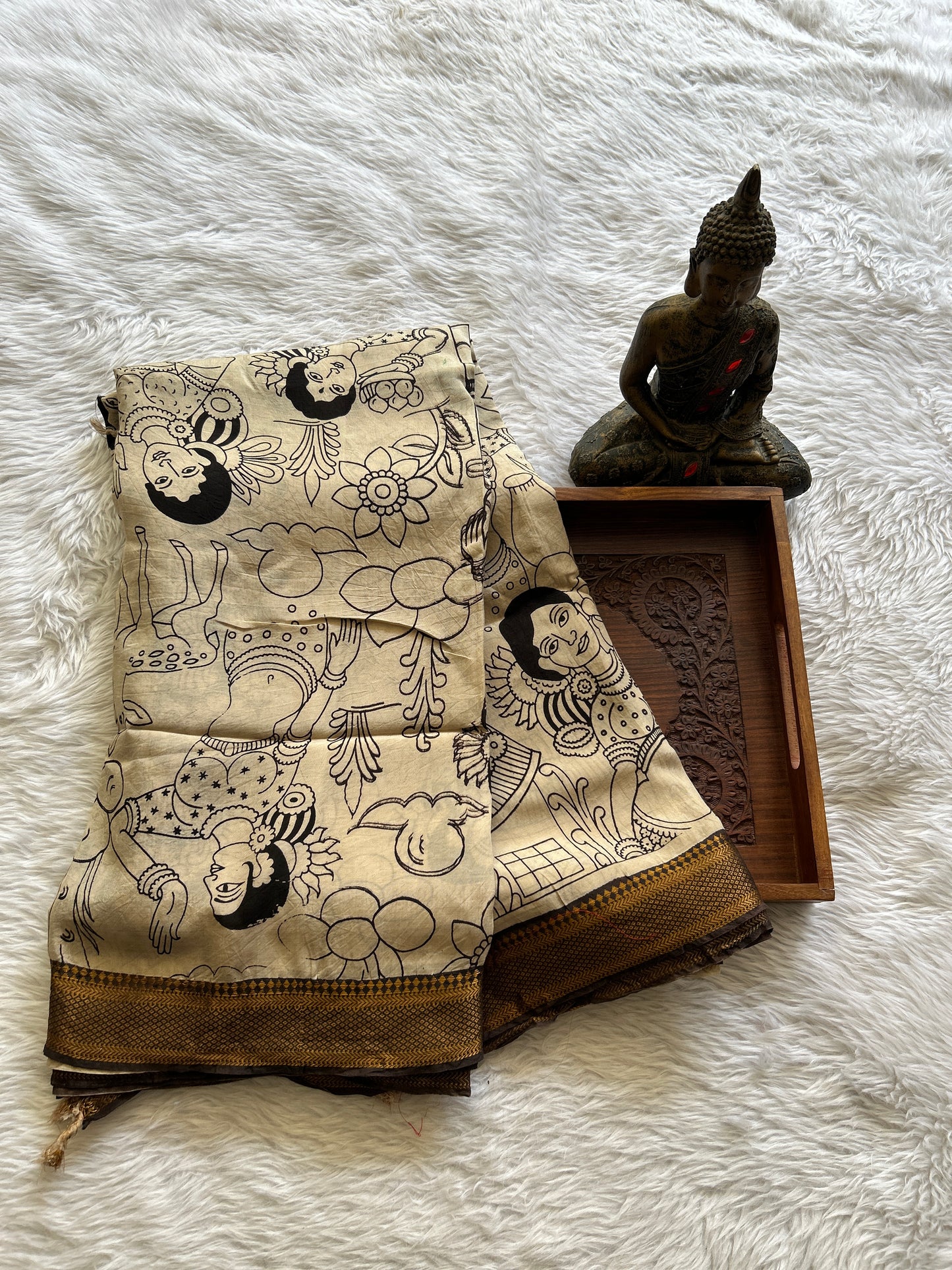 Pen Kalamkari Saree Beige colored complemented with a Chocolate Color Zari border - Sampradaya Designer Studio