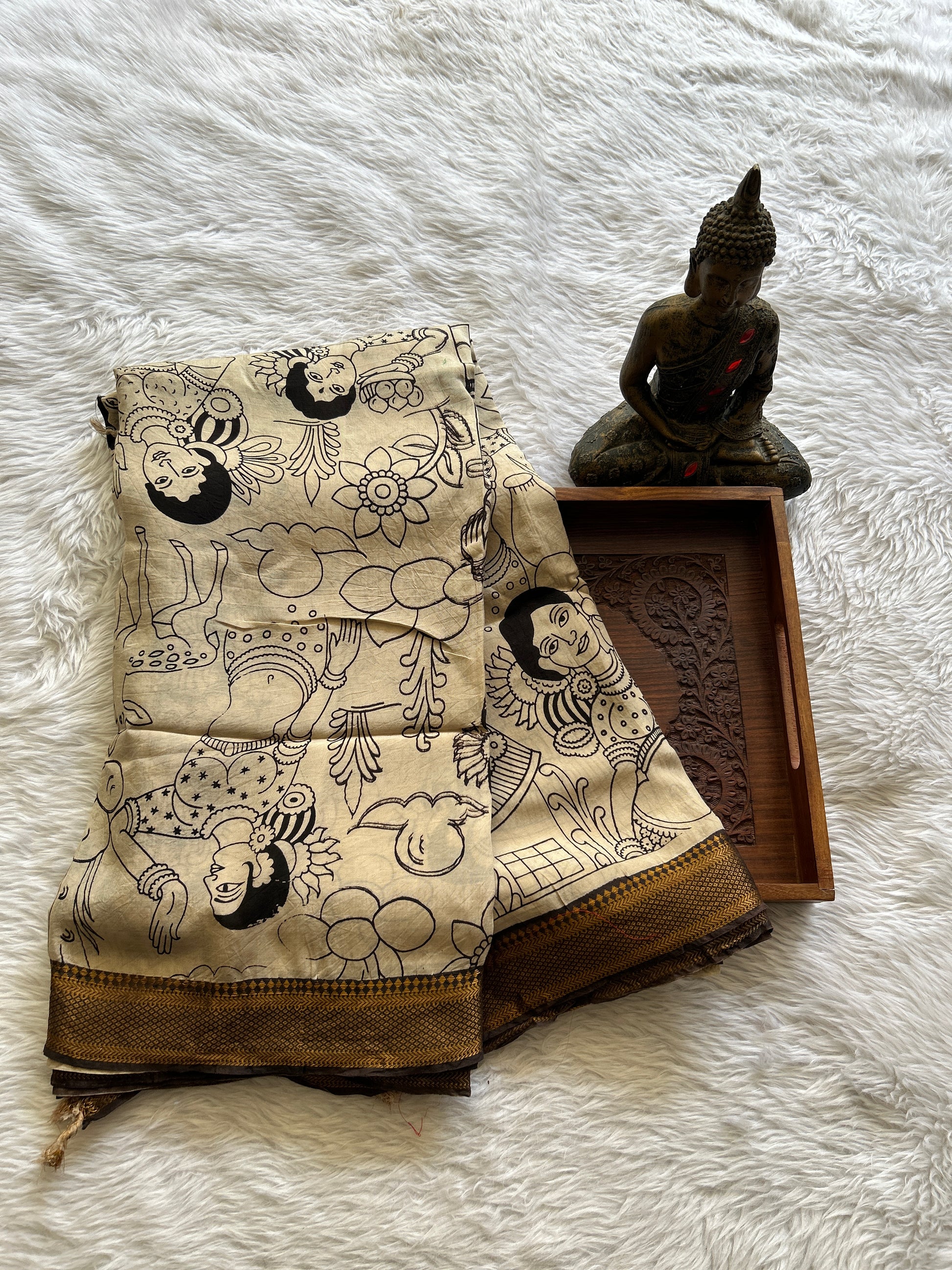 Pen Kalamkari Saree Beige colored complemented with a Chocolate Color Zari border - Sampradaya Designer Studio
