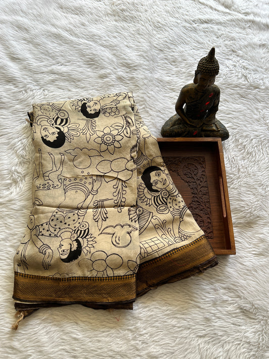 Pen Kalamkari Saree Beige colored complemented with a Chocolate Color Zari border - Sampradaya Designer Studio