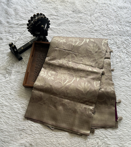 Semi Raw Silk Allover  Saree Smoke Colored Complemented with a Zari Border. - Sampradaya Designer Studio