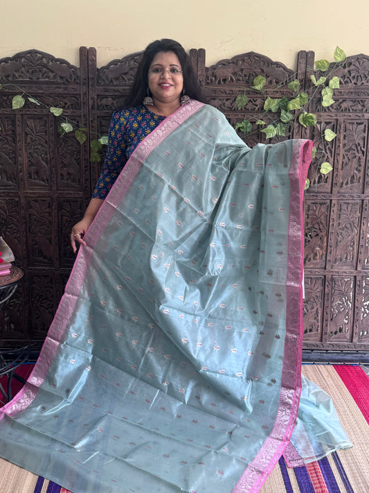Sea Blue Color Chanderi Silk Saree With Gold Zari Border — Pure Handloom | Silk Mark Certified