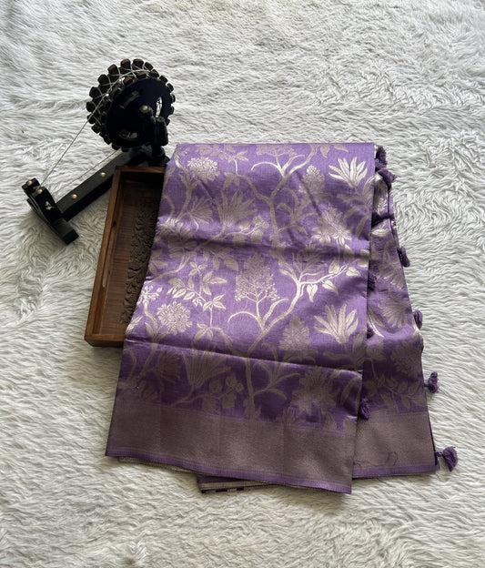 Semi Raw Silk Allover Saree Lilac Colored Complemented with a Zari Border. - Sampradaya Designer Studio