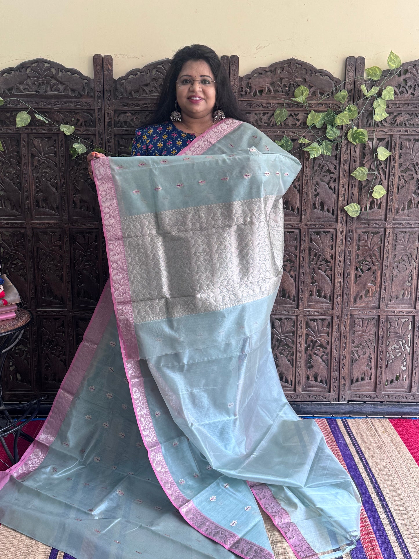 Sea Blue Color Chanderi Silk Saree With Gold Zari Border — Pure Handloom | Silk Mark Certified