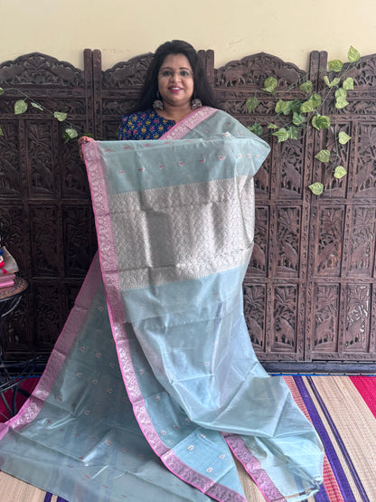 Sea Blue Color Chanderi Silk Saree With Gold Zari Border — Pure Handloom | Silk Mark Certified