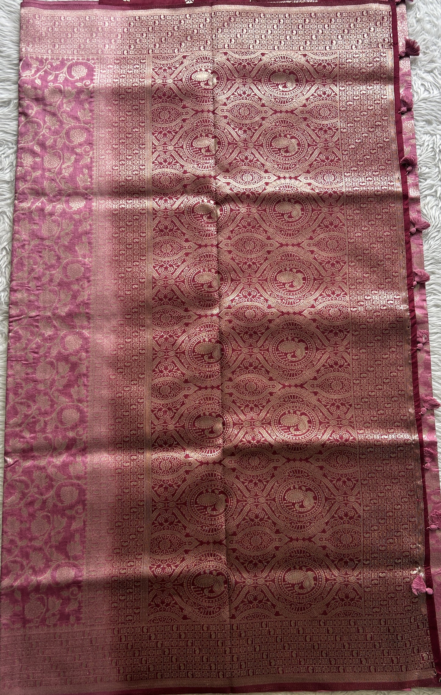 Semi Raw Silk Allover Saree Deep Pink Colored Complemented with a Zari Border. - Sampradaya Designer Studio