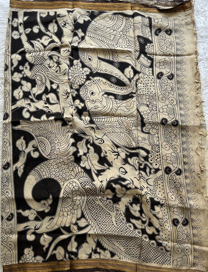 Pen Kalamkari Saree Beige colored complemented with a Brown Colored Gold Zari border - Sampradaya Designer Studio