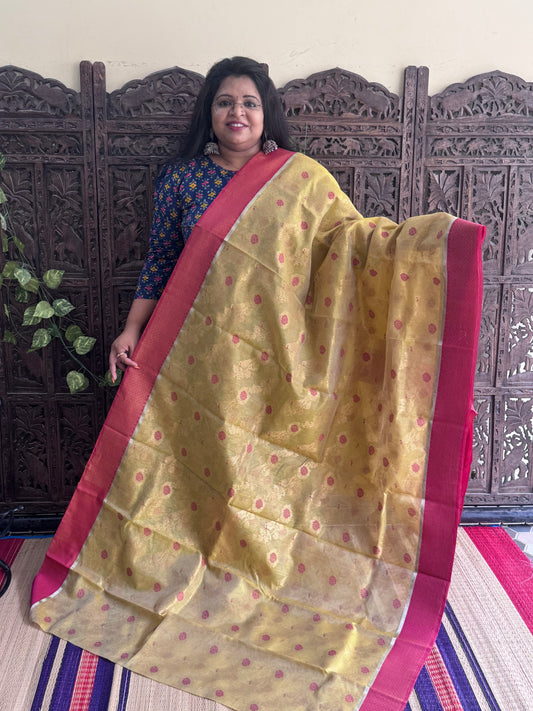 Slime  Color Chanderi Silk Saree With Gold Zari Border — Pure Handloom | Silk Mark Certified