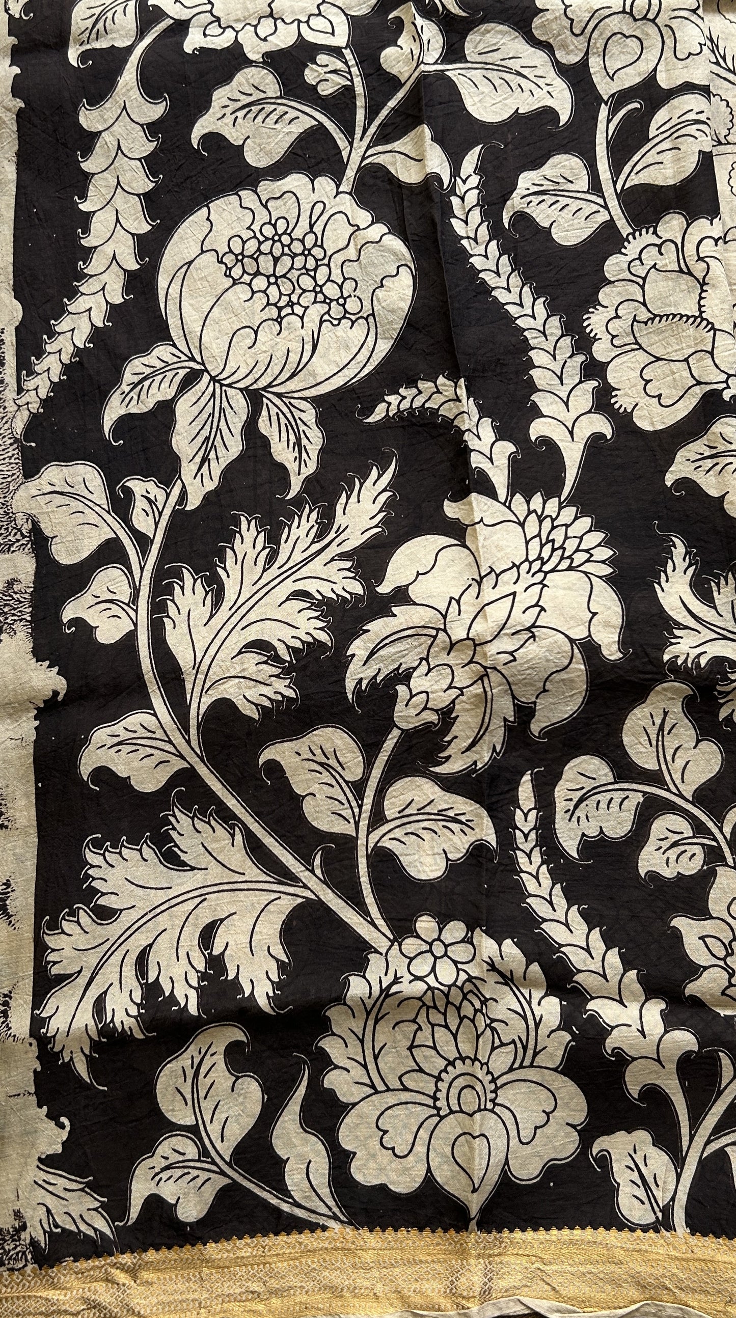 Pen Kalamkari Saree Beige colored complemented with a Brown Colored Gold Zari border - Sampradaya Designer Studio
