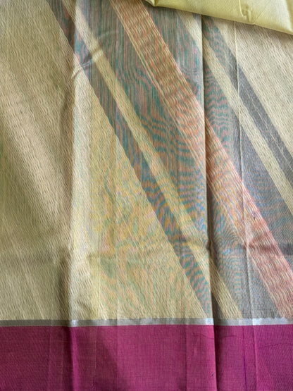 Slime  Color Chanderi Silk Saree With Gold Zari Border — Pure Handloom | Silk Mark Certified