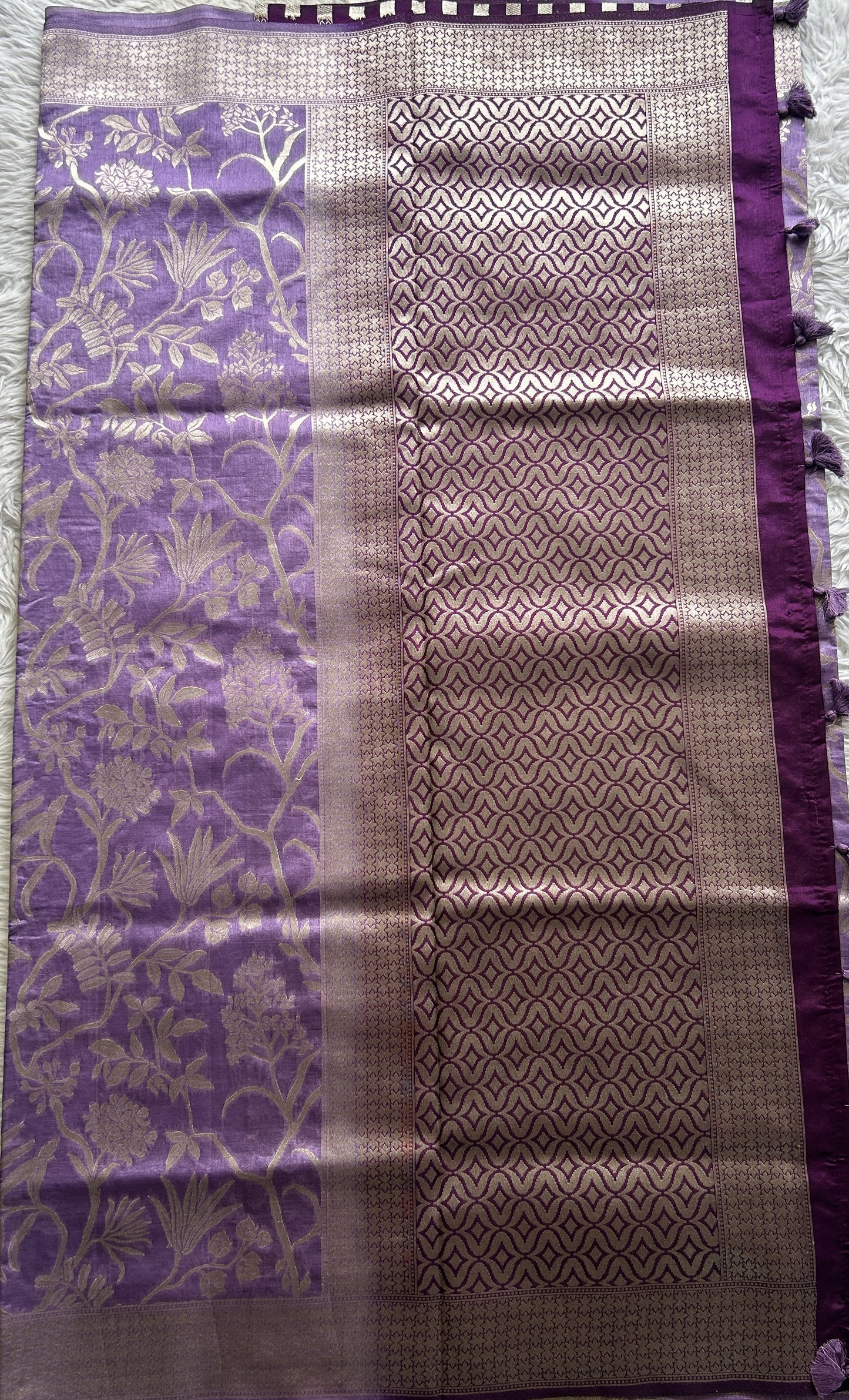 Semi Raw Silk Allover Saree Lilac Colored Complemented with a Zari Border. - Sampradaya Designer Studio