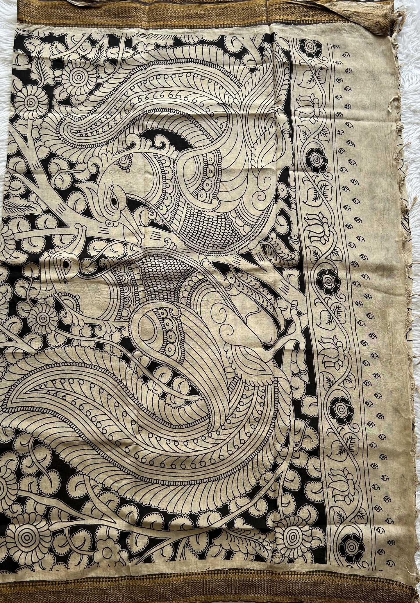 Pen Kalamkari Saree Beige colored complemented with a Chocolate Colored Gold Zari border - Sampradaya Designer Studio