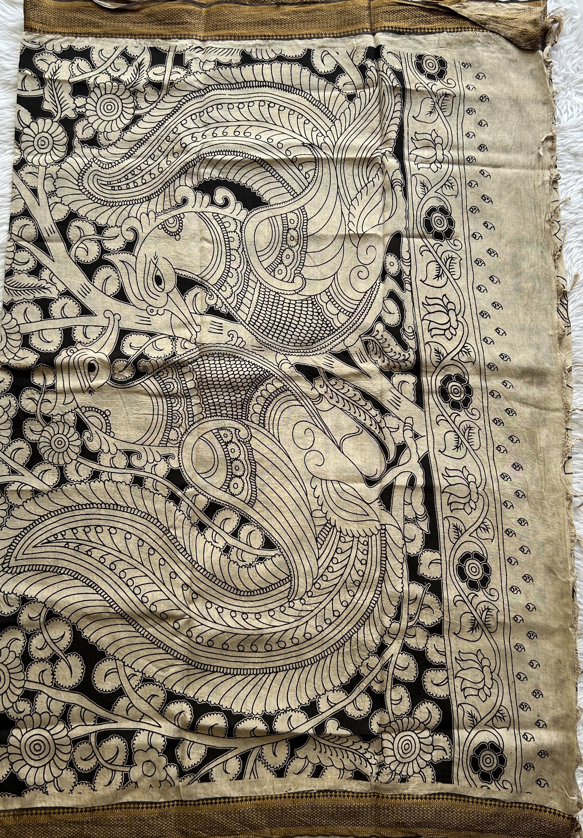 Pen Kalamkari Saree Beige colored complemented with a Chocolate Colored Gold Zari border - Sampradaya Designer Studio