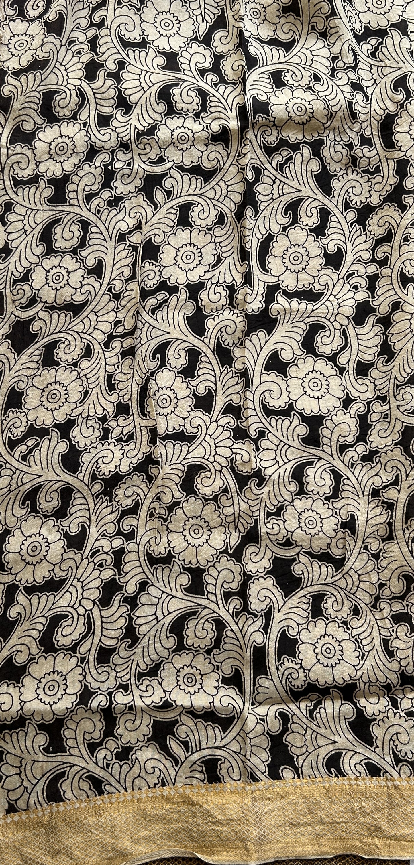 Pen Kalamkari Saree Beige colored complemented with a Chocolate Colored Gold Zari border - Sampradaya Designer Studio