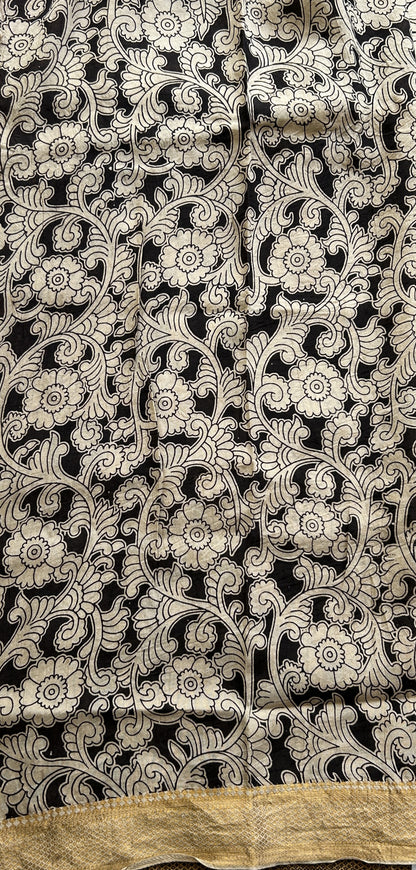 Pen Kalamkari Saree Beige colored complemented with a Chocolate Colored Gold Zari border - Sampradaya Designer Studio
