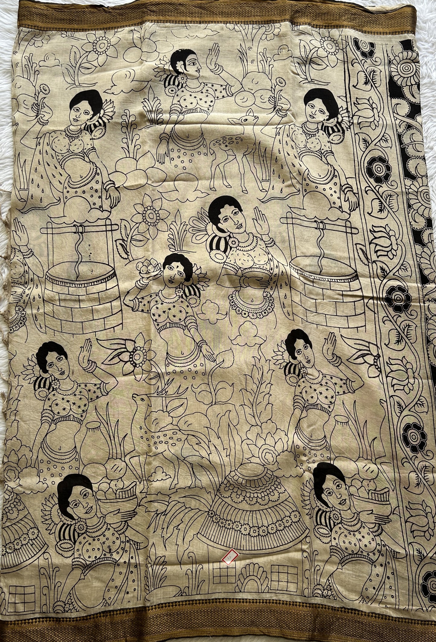 Pen Kalamkari Saree Beige colored complemented with a Chocolate Colored Gold Zari border - Sampradaya Designer Studio
