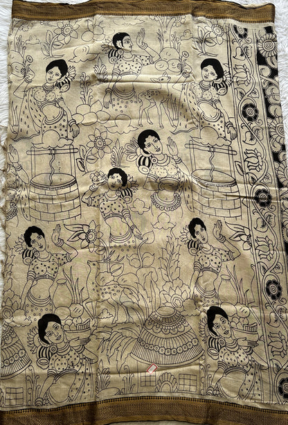 Pen Kalamkari Saree Beige colored complemented with a Chocolate Colored Gold Zari border - Sampradaya Designer Studio