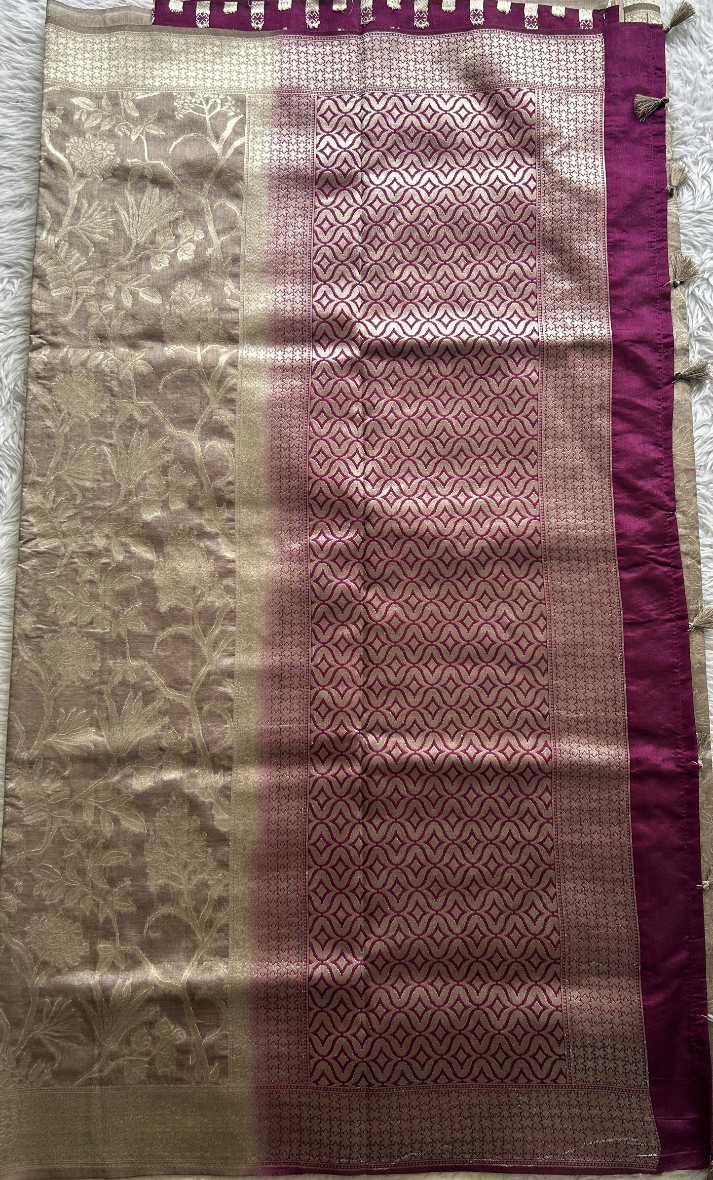 Semi Raw Silk Allover  Saree Smoke Colored Complemented with a Zari Border. - Sampradaya Designer Studio