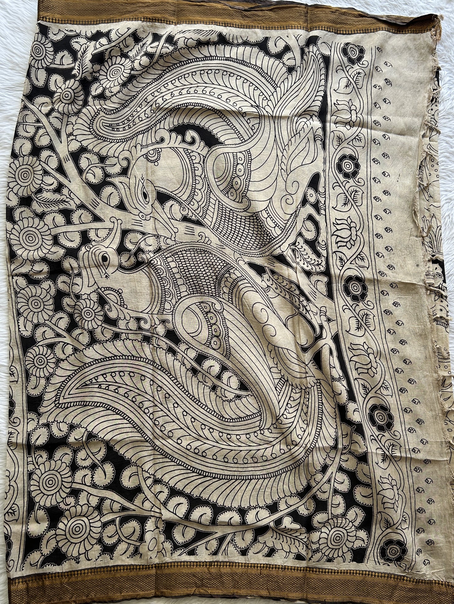 Pen Kalamkari Saree Beige colored complemented with a Chocolate Color Zari border - Sampradaya Designer Studio