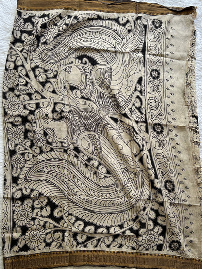 Pen Kalamkari Saree Beige colored complemented with a Chocolate Color Zari border - Sampradaya Designer Studio