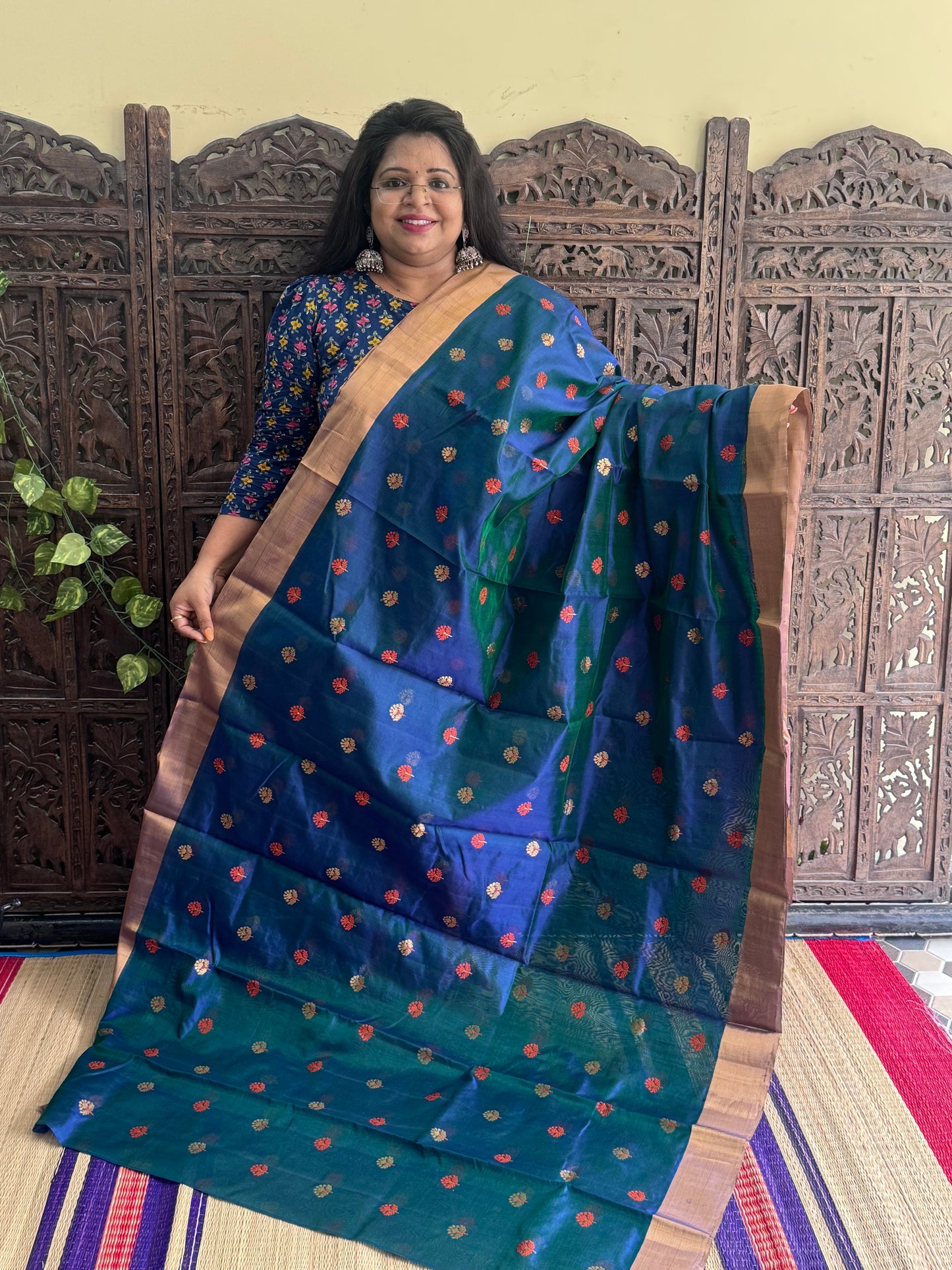 Peacock Blue Color Chanderi Silk Saree With Gold Zari Border — Pure Handloom | Silk Mark Certified