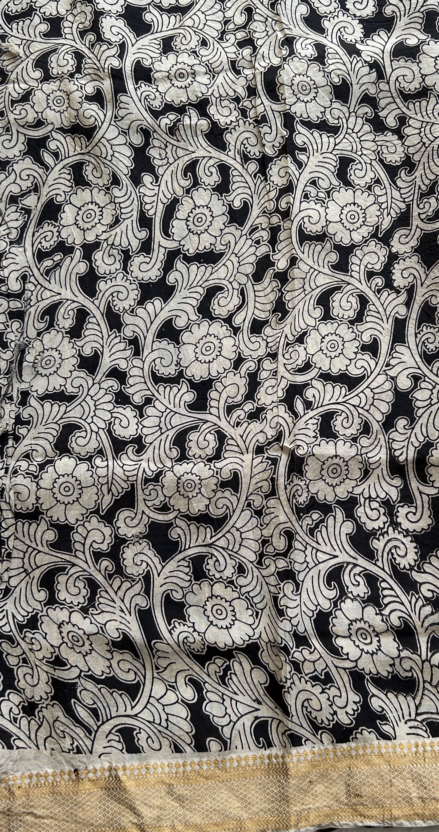 Pen Kalamkari Saree Beige colored complemented with a Chocolate Color Zari border - Sampradaya Designer Studio