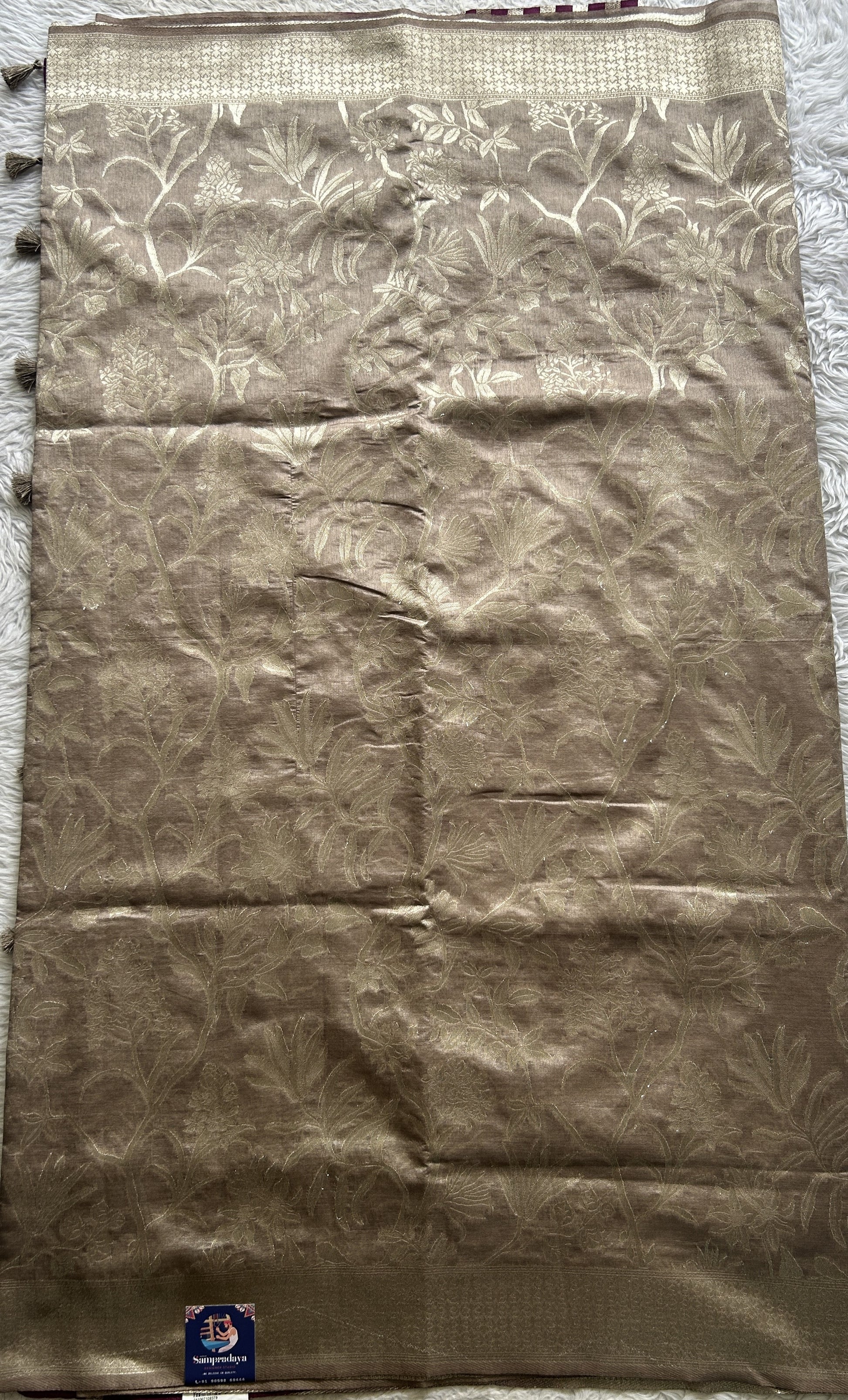 Semi Raw Silk Allover  Saree Smoke Colored Complemented with a Zari Border. - Sampradaya Designer Studio