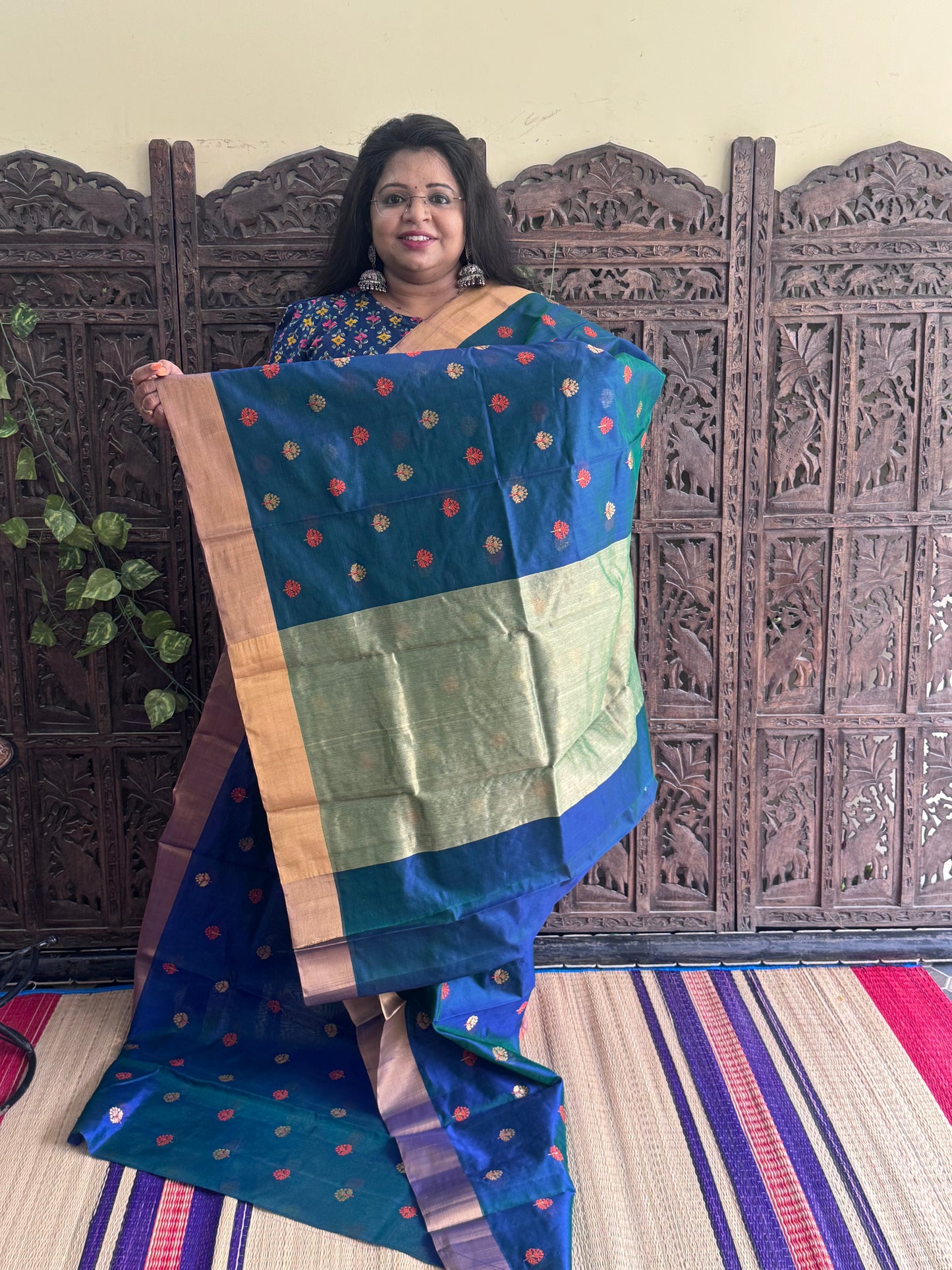 Peacock Blue Color Chanderi Silk Saree With Gold Zari Border — Pure Handloom | Silk Mark Certified