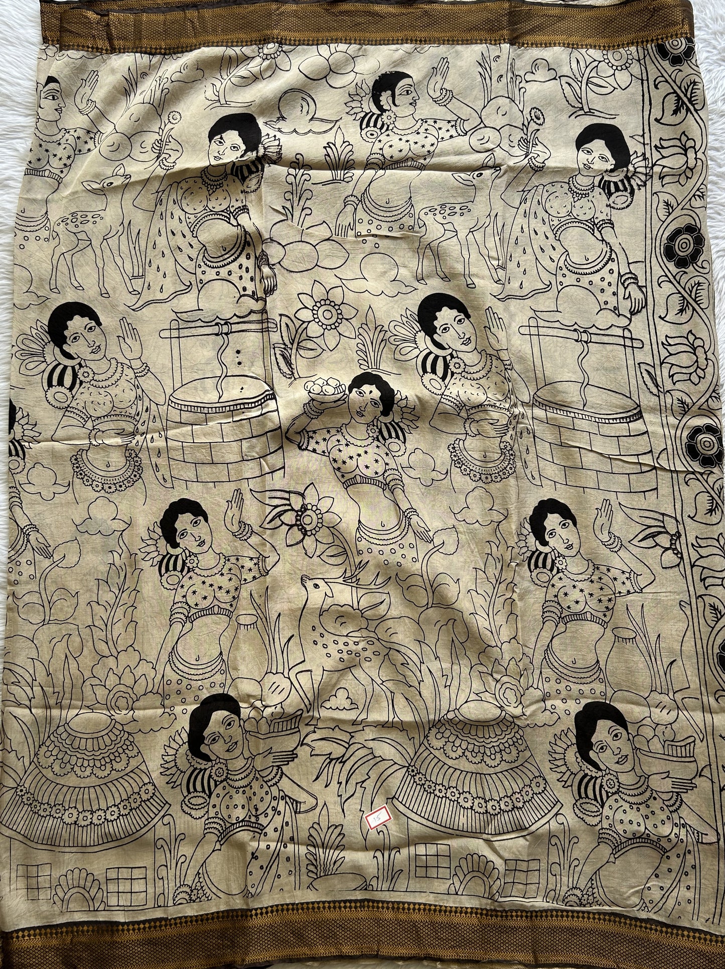 Pen Kalamkari Saree Beige colored complemented with a Chocolate Color Zari border - Sampradaya Designer Studio