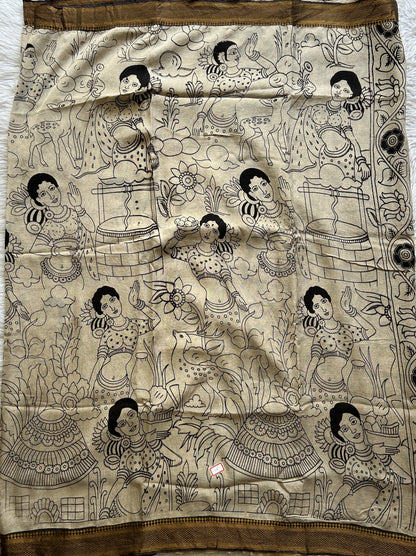 Pen Kalamkari Saree Beige colored complemented with a Chocolate Color Zari border - Sampradaya Designer Studio