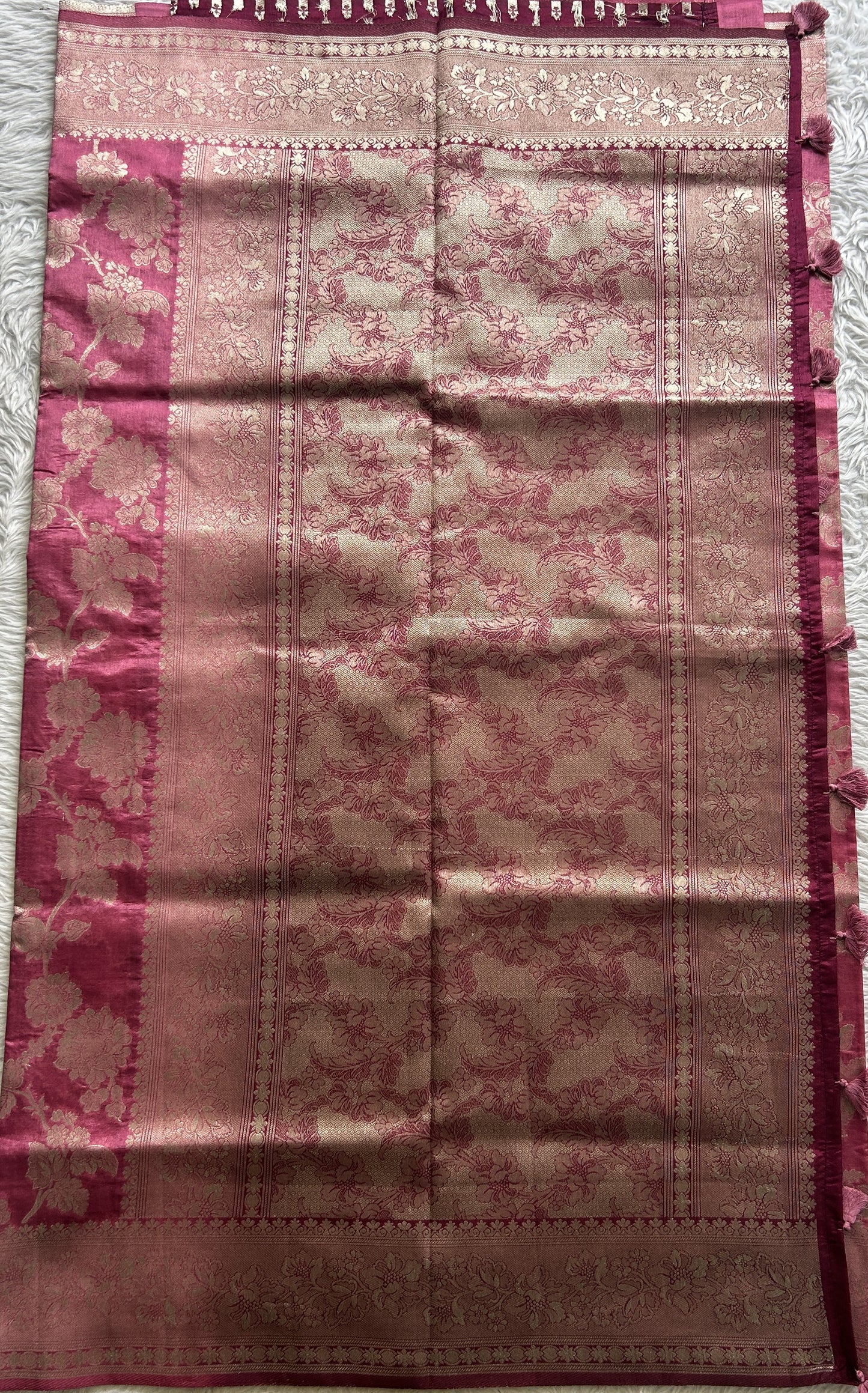 Semi Raw Silk Saree Rouge Colored Complemented with a Zari Border. - Sampradaya Designer Studio