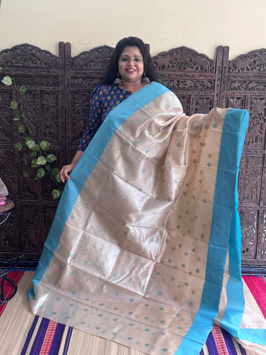 Creem Color Chanderi Silk Saree With Gold Zari Border — Pure Handloom | Silk Mark Certified