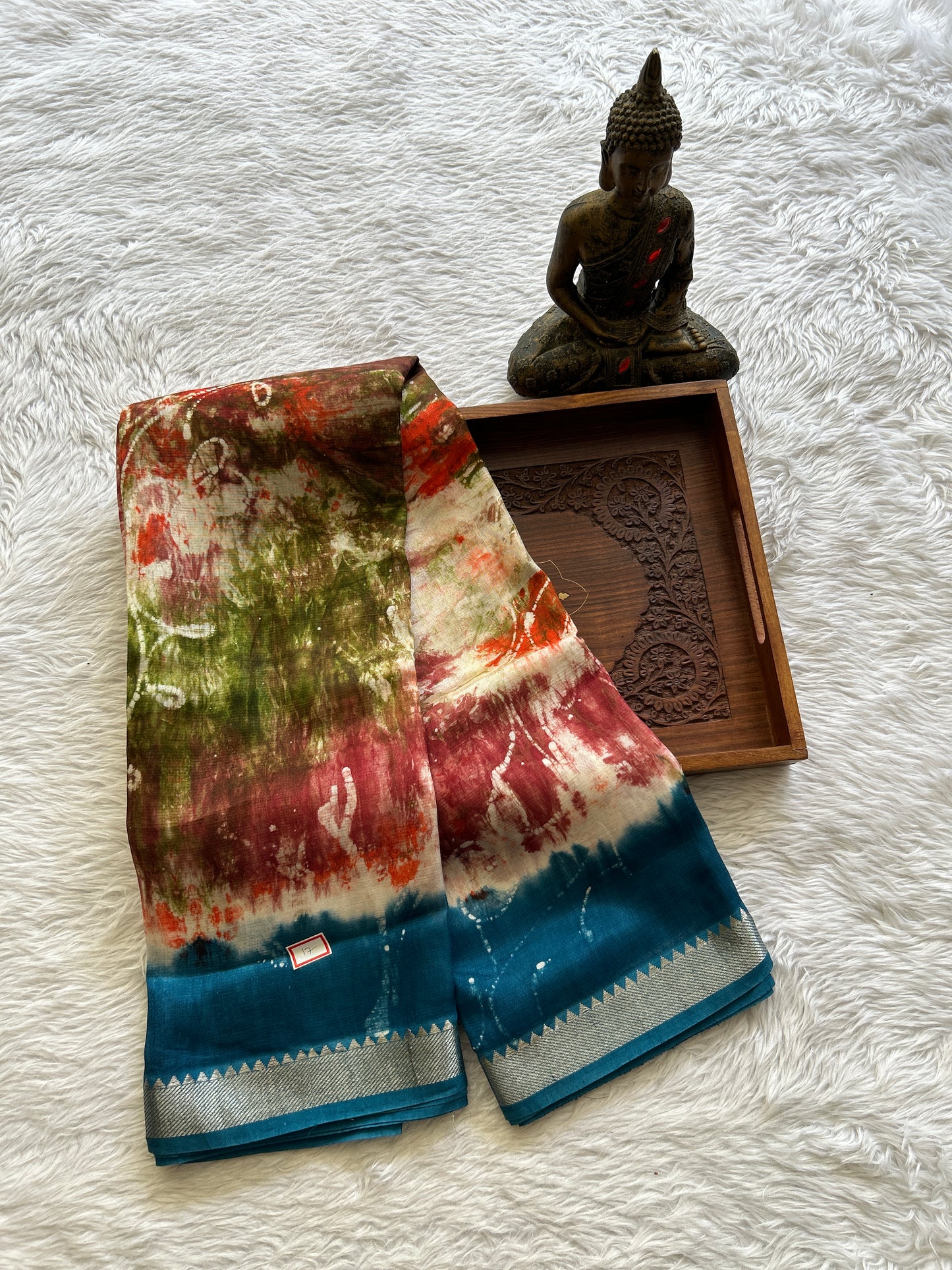 Mangalagiri Pattu Shibori Saree Multi colored complemented with a Blue Zari Border - Sampradaya Designer Studio