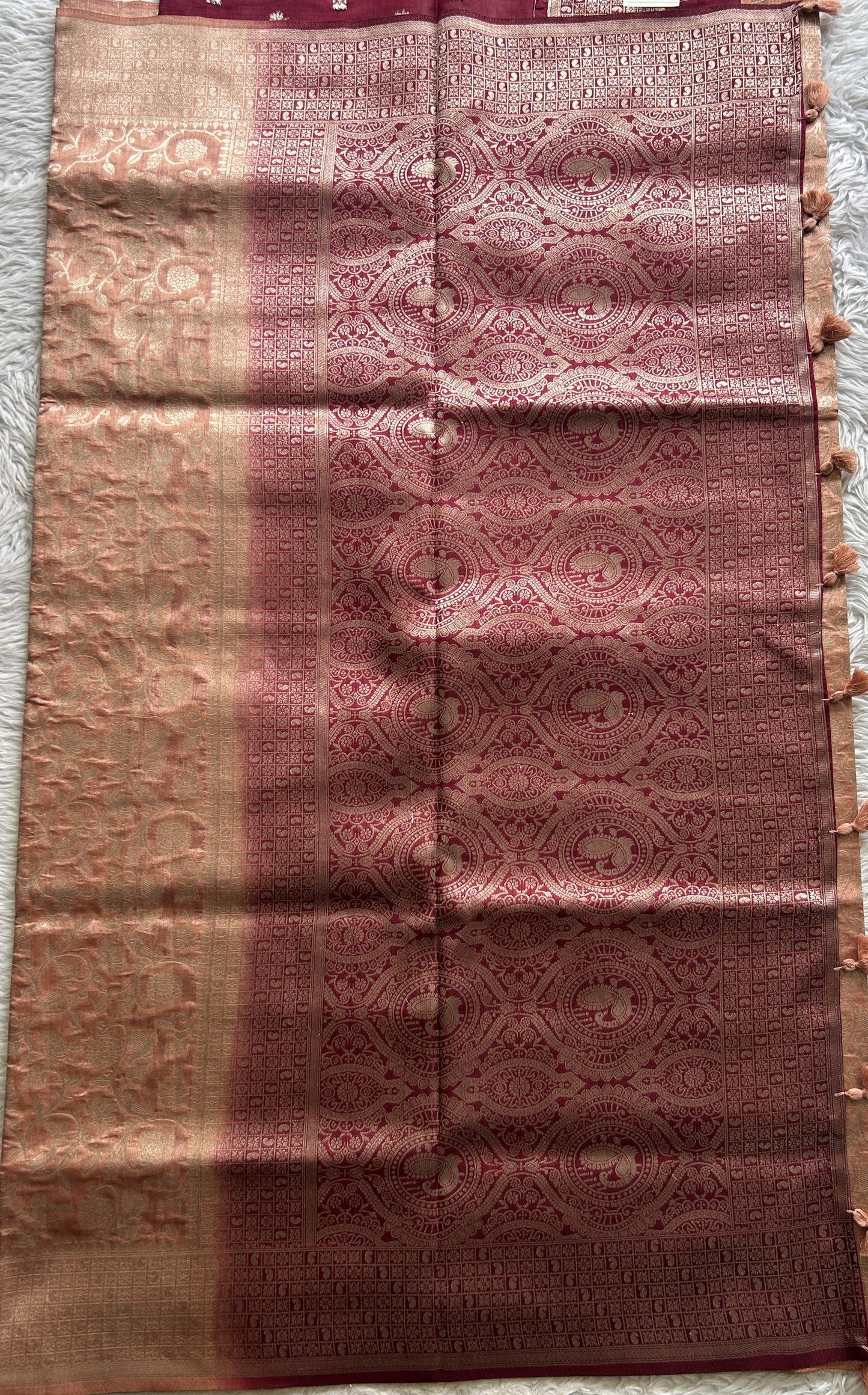 Semi Raw Silk Allover Saree Dusty Peach Colored Complemented with a Zari Border. - Sampradaya Designer Studio