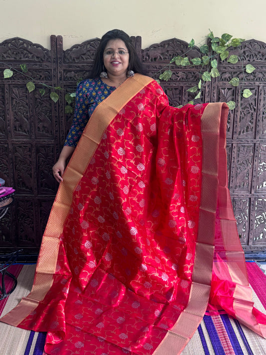 Red Color Chanderi Silk Saree With Gold Zari Border — Pure Handloom | Silk Mark Certified (Copy)