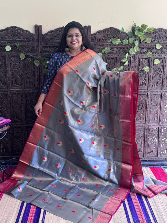 Gray Color Chanderi Silk Saree With Gold Zari Border — Pure Handloom | Silk Mark Certified