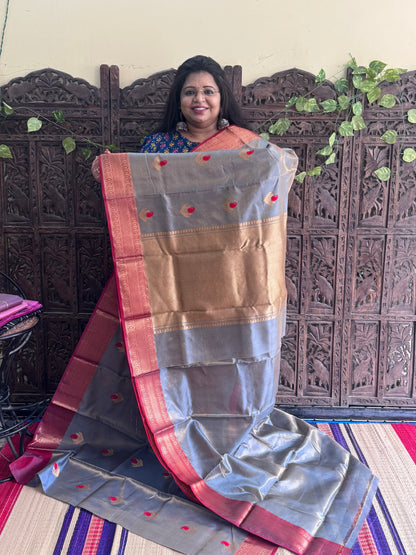 Gray Color Chanderi Silk Saree With Gold Zari Border — Pure Handloom | Silk Mark Certified
