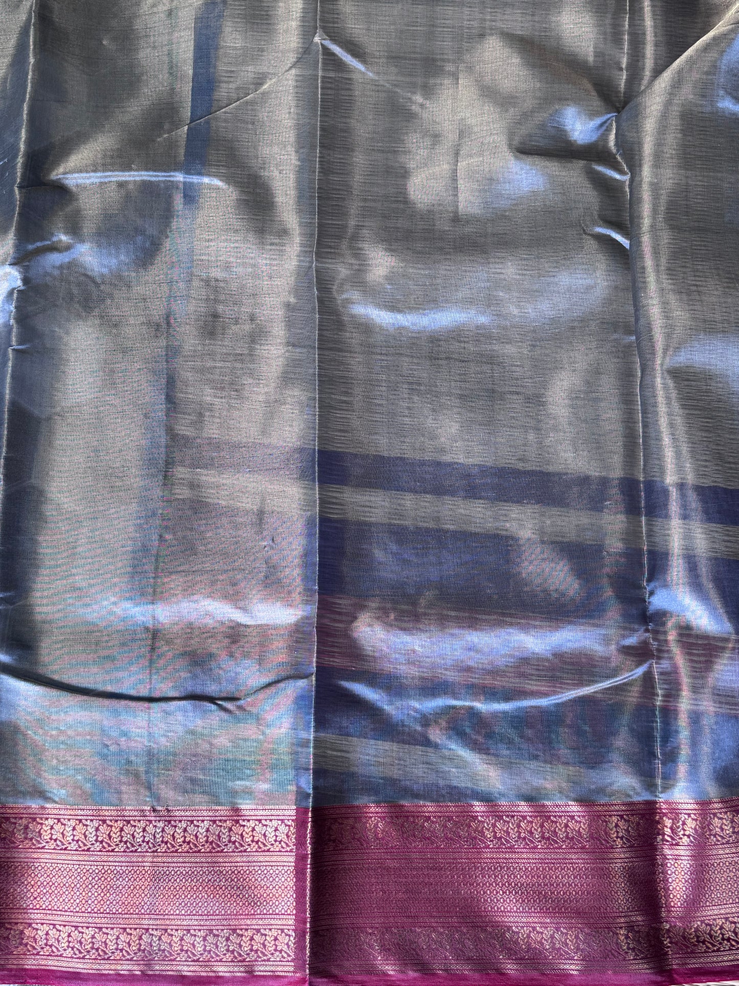 Gray Color Chanderi Silk Saree With Gold Zari Border — Pure Handloom | Silk Mark Certified