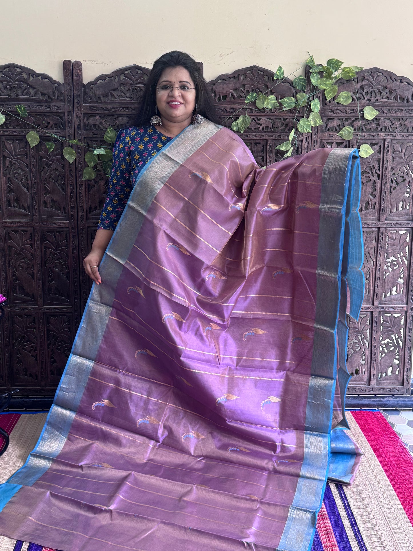 Violet Color Chanderi Silk Saree With Gold Zari Border — Pure Handloom | Silk Mark Certified