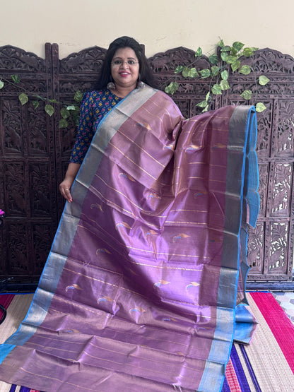 Violet Color Chanderi Silk Saree With Gold Zari Border — Pure Handloom | Silk Mark Certified