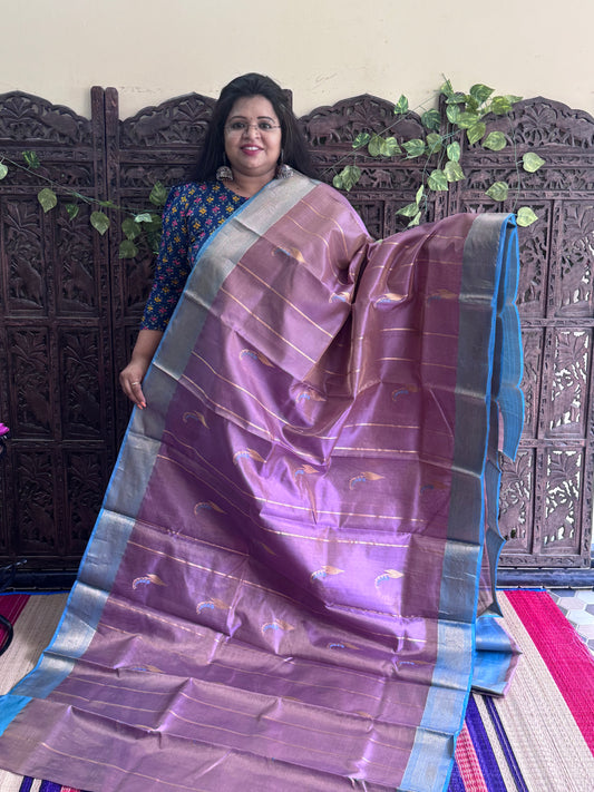 Violet Color Chanderi Silk Saree With Gold Zari Border — Pure Handloom | Silk Mark Certified