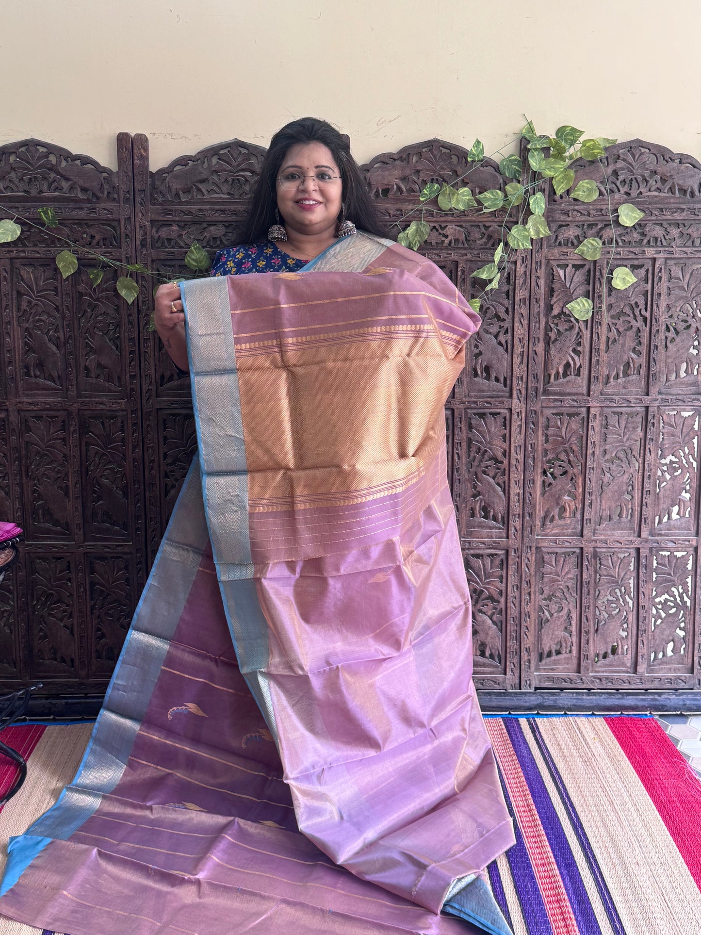Violet Color Chanderi Silk Saree With Gold Zari Border — Pure Handloom | Silk Mark Certified