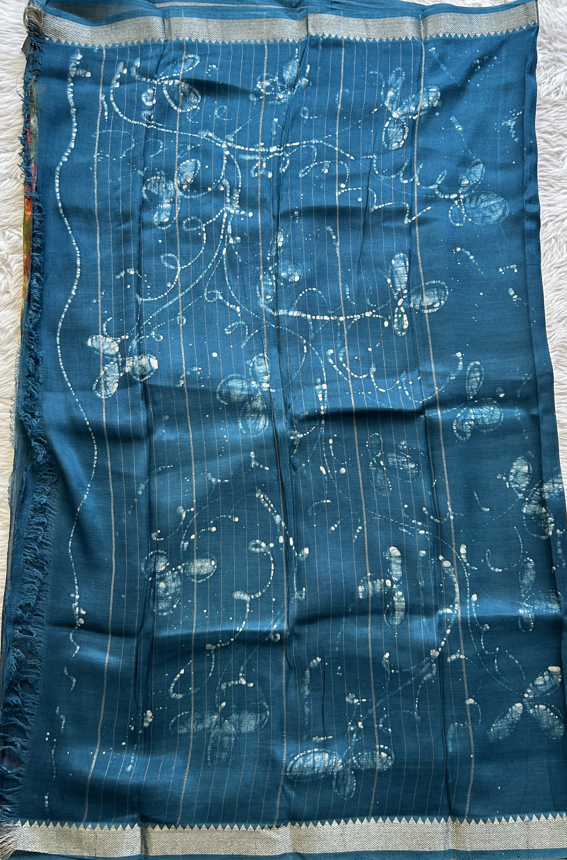 Mangalagiri Pattu Shibori Saree Multi colored complemented with a Blue Zari Border - Sampradaya Designer Studio