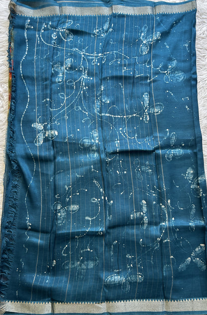 Mangalagiri Pattu Shibori Saree Multi colored complemented with a Blue Zari Border - Sampradaya Designer Studio