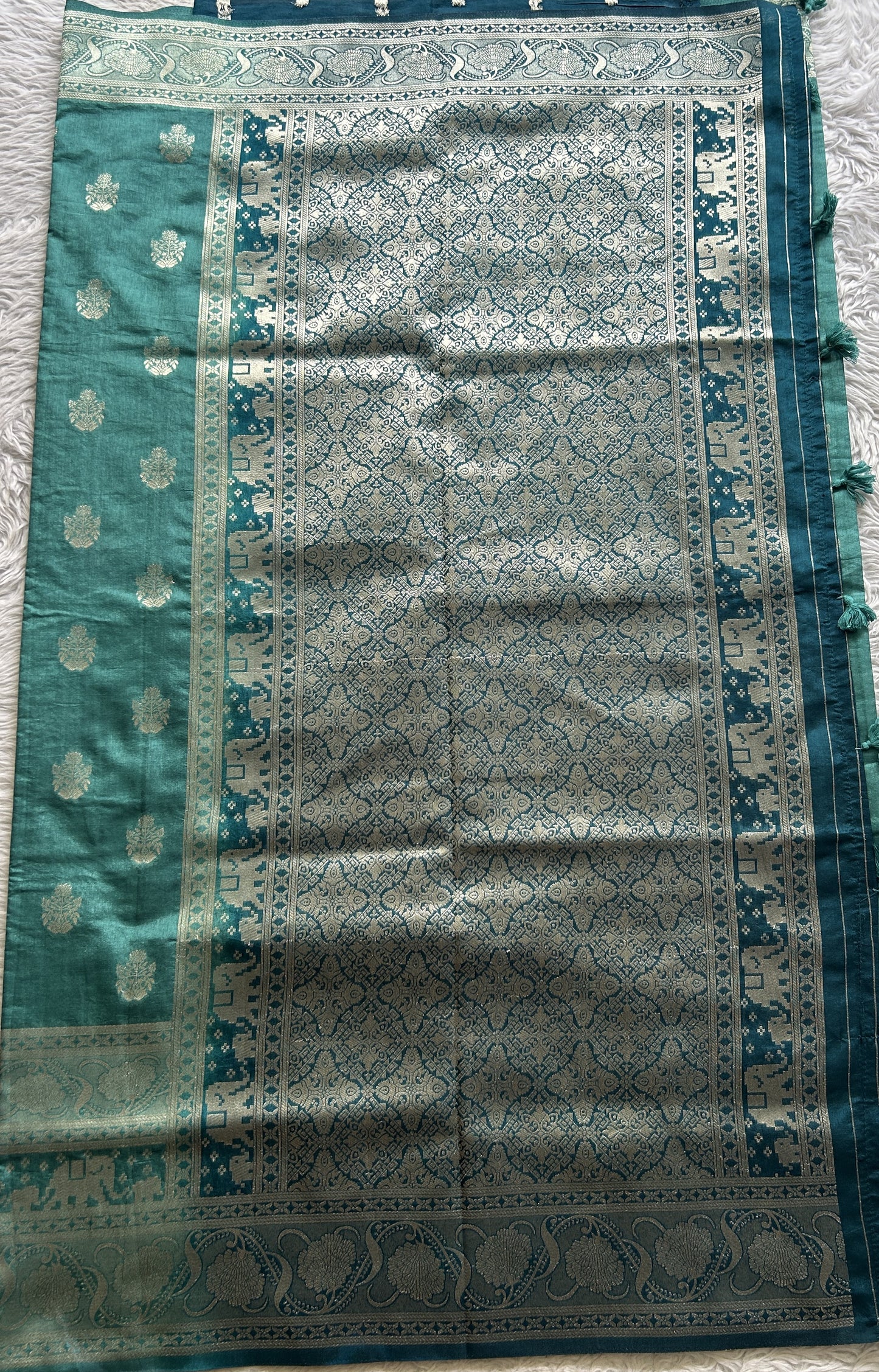 Semi Raw Silk Allover Saree Deep Dusty Blue Colored Complemented with a Zari Border. - Sampradaya Designer Studio