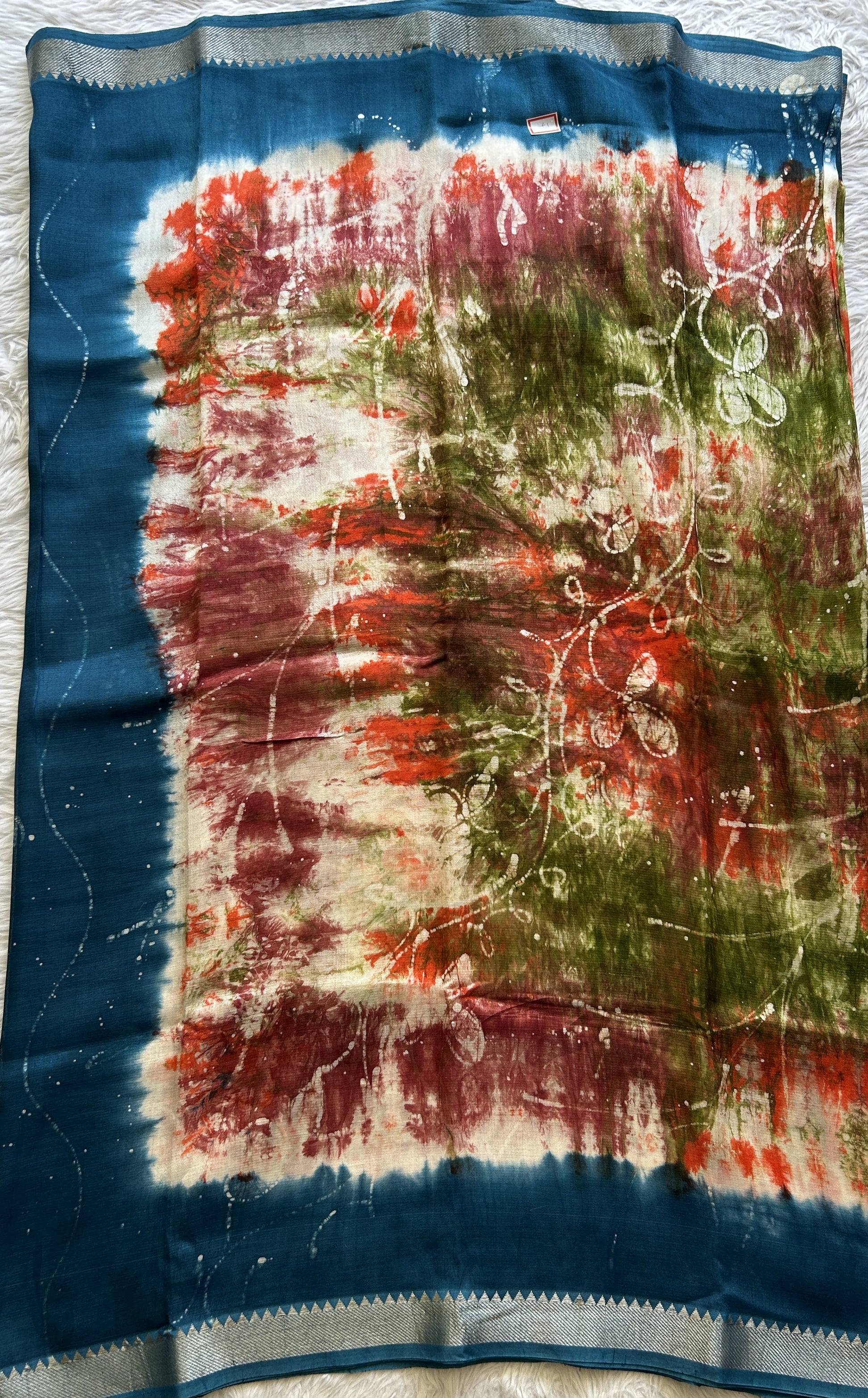 Mangalagiri Pattu Shibori Saree Multi colored complemented with a Blue Zari Border - Sampradaya Designer Studio