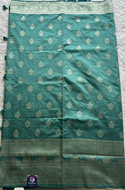 Semi Raw Silk Allover Saree Deep Dusty Blue Colored Complemented with a Zari Border. - Sampradaya Designer Studio