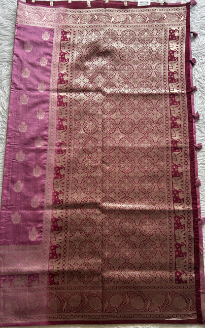 Semi Raw Silk Saree Dusty Rose Pink Colored Complemented with a Zari Border. - Sampradaya Designer Studio